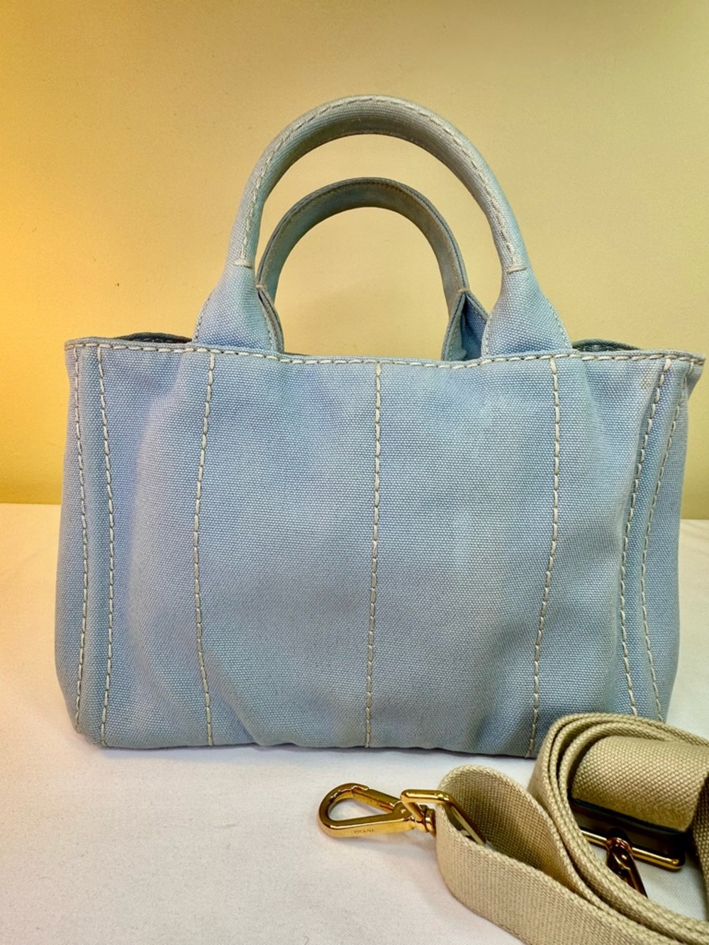 Prada Canapa Logo Canvas satchel Light blue Original Adj. Strap COA - Picture 7 of 17